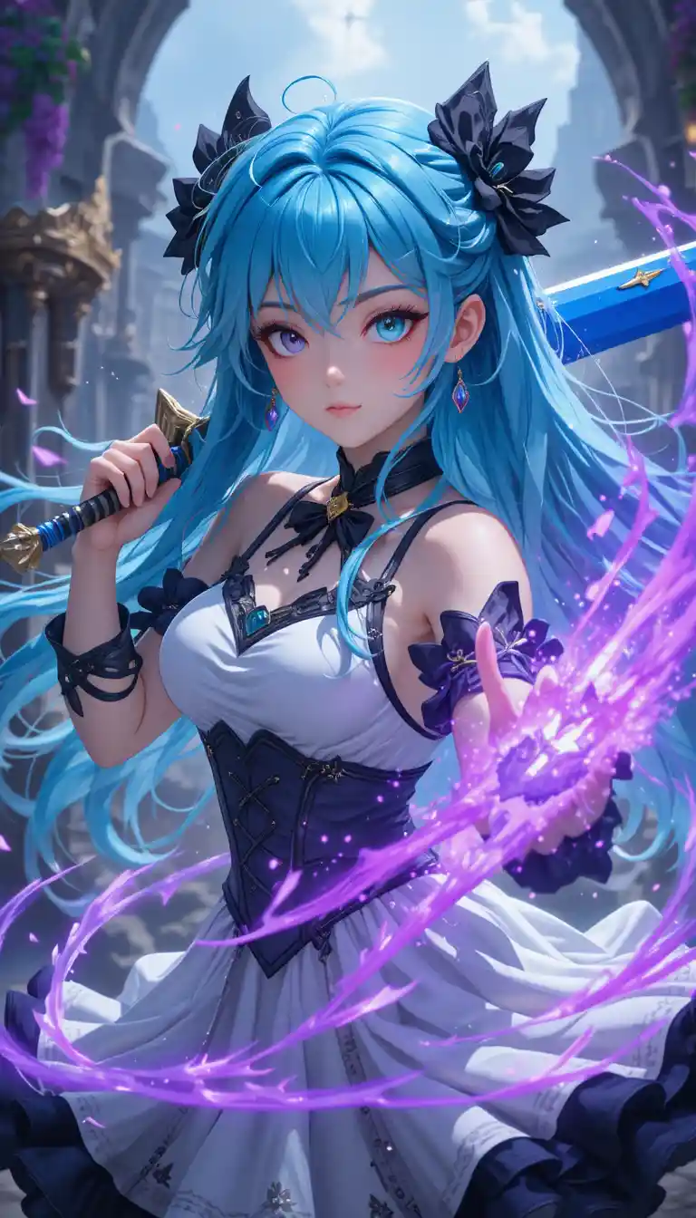 푸른 머리 거대 검을 든 애니메이션 소녀 전사