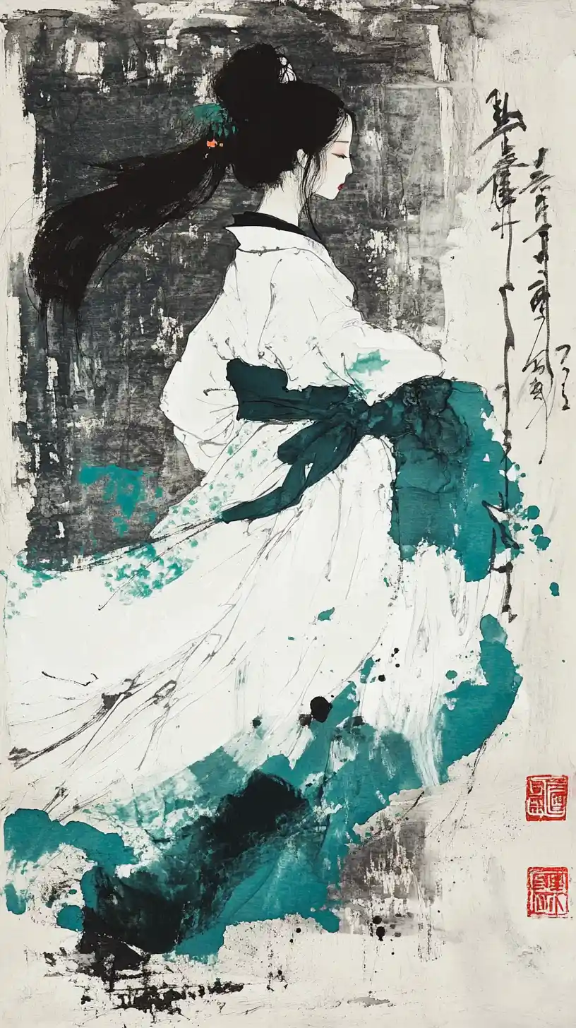 Elegant woman in white hanfu with teal sash in ink wash