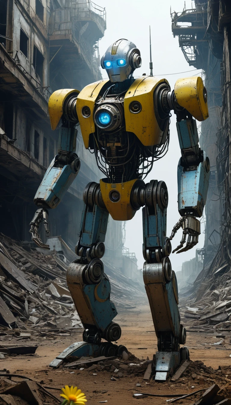 Melancholic sci fi android facing a lone yellow daisy