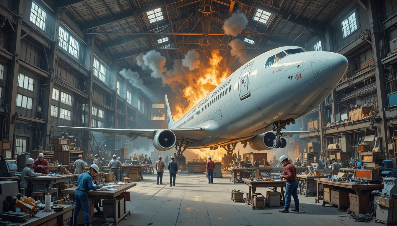 Taller industrial ocupado con una gran ala de avión sobre la cabeza