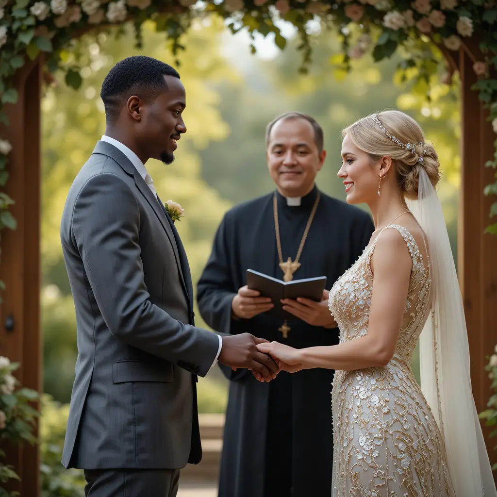 Wedding ceremony with smiling couple and officiating minister