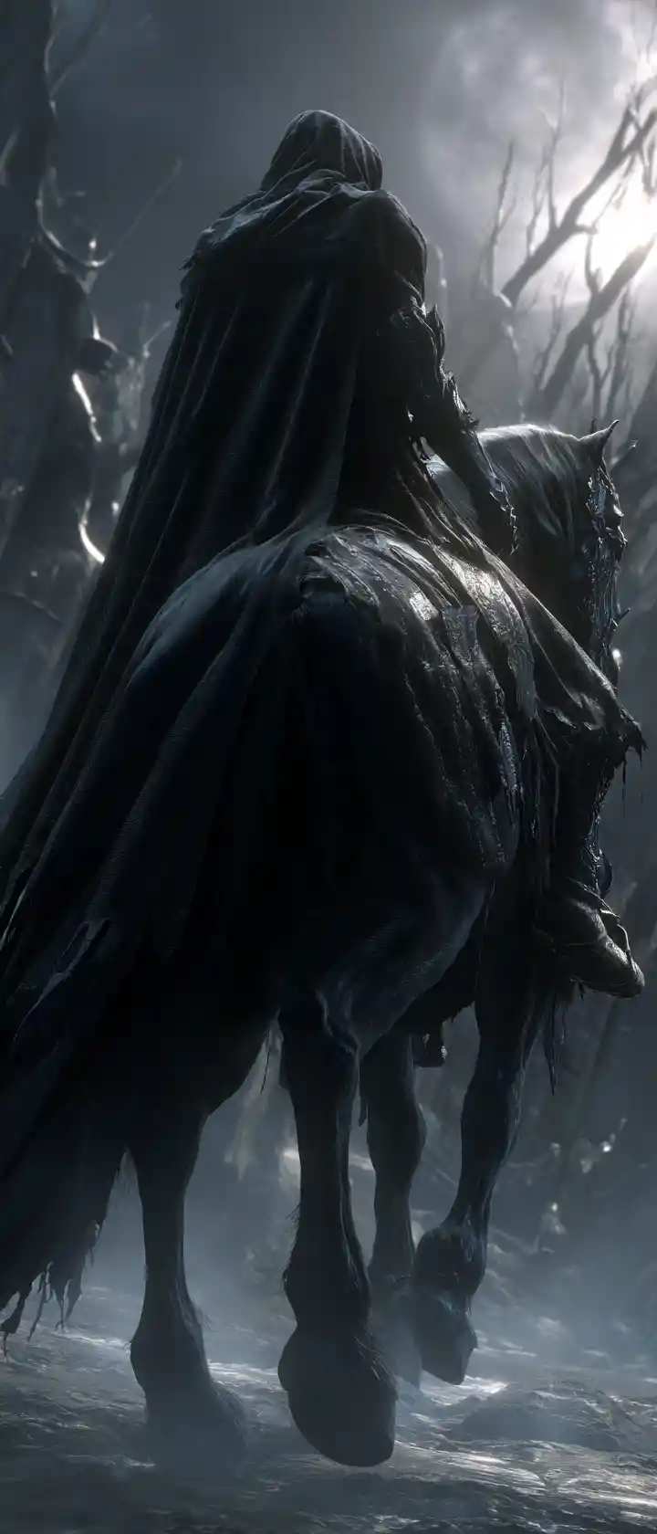 Dark hooded rider on a black stallion in moonlit ruins