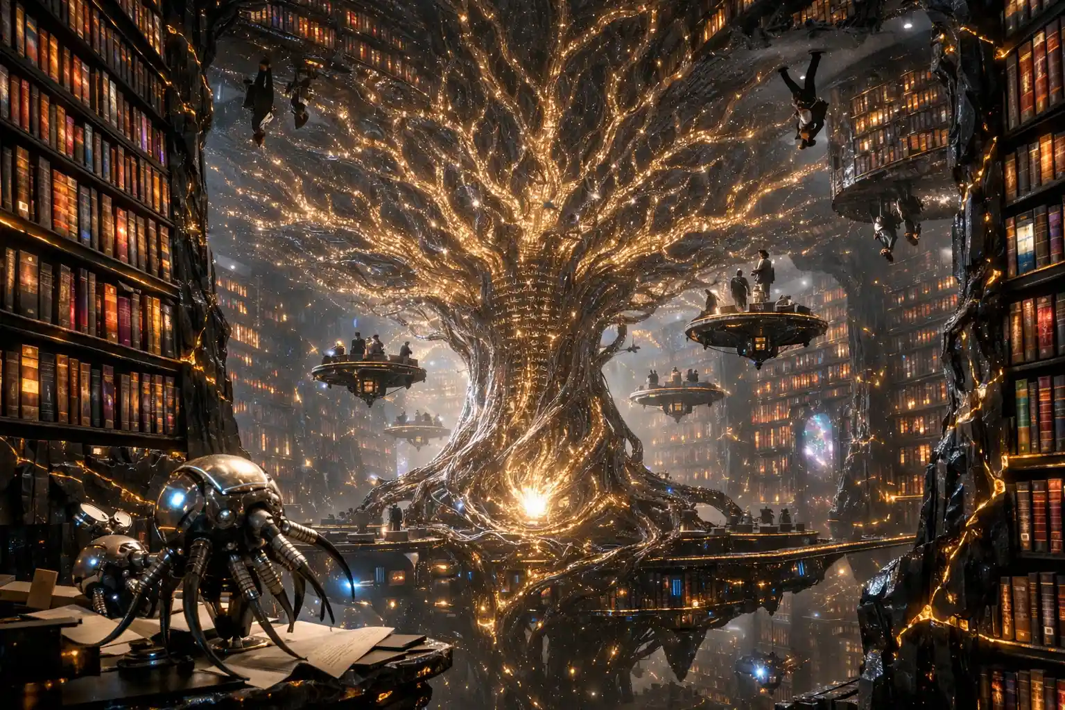 Vue cinématographique d’une bibliothèque infinie en obsidienne avec des érudits