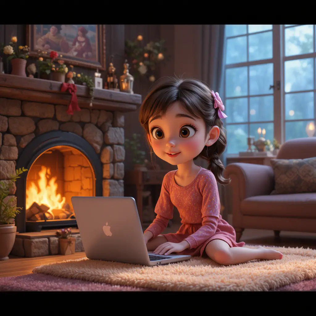Happy girl at computer beside cozy fireplace in living room