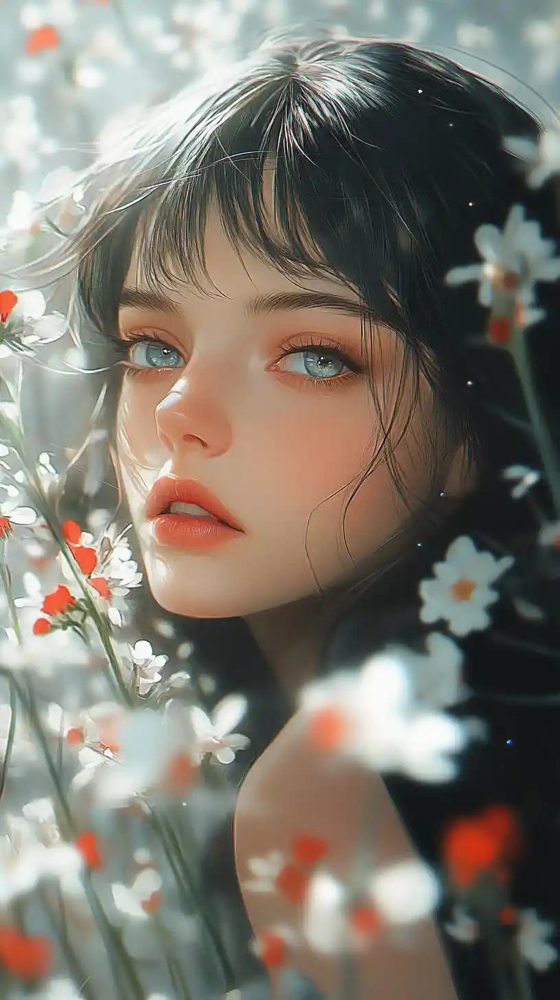 花與閃耀光影中的動漫少女肖像