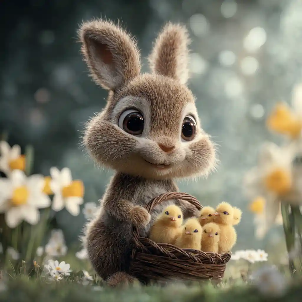 Cute rabbit holding nest of chicks in spring meadow