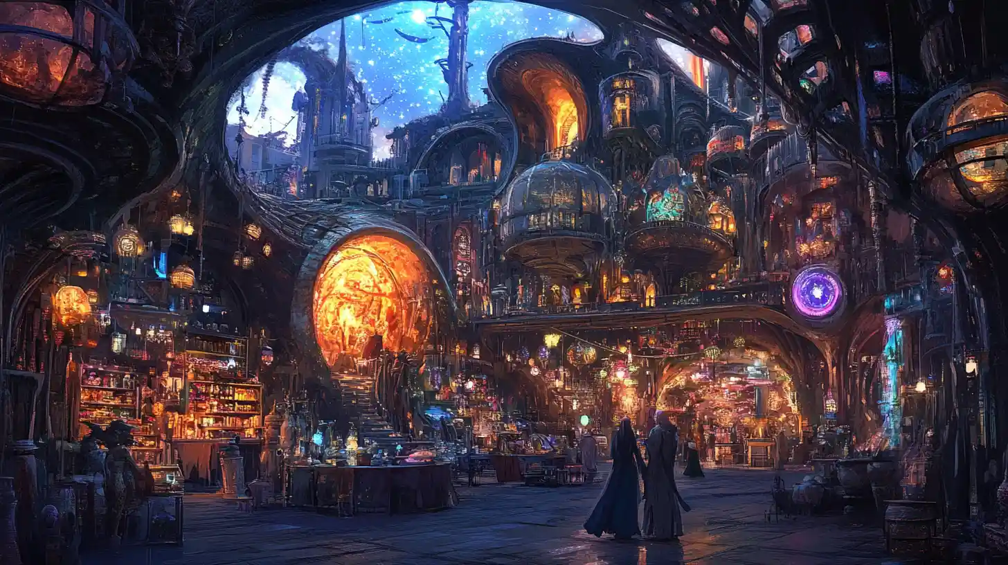 Chaotic Alien Marketplace Under A Glowing Twin Sun Sky
