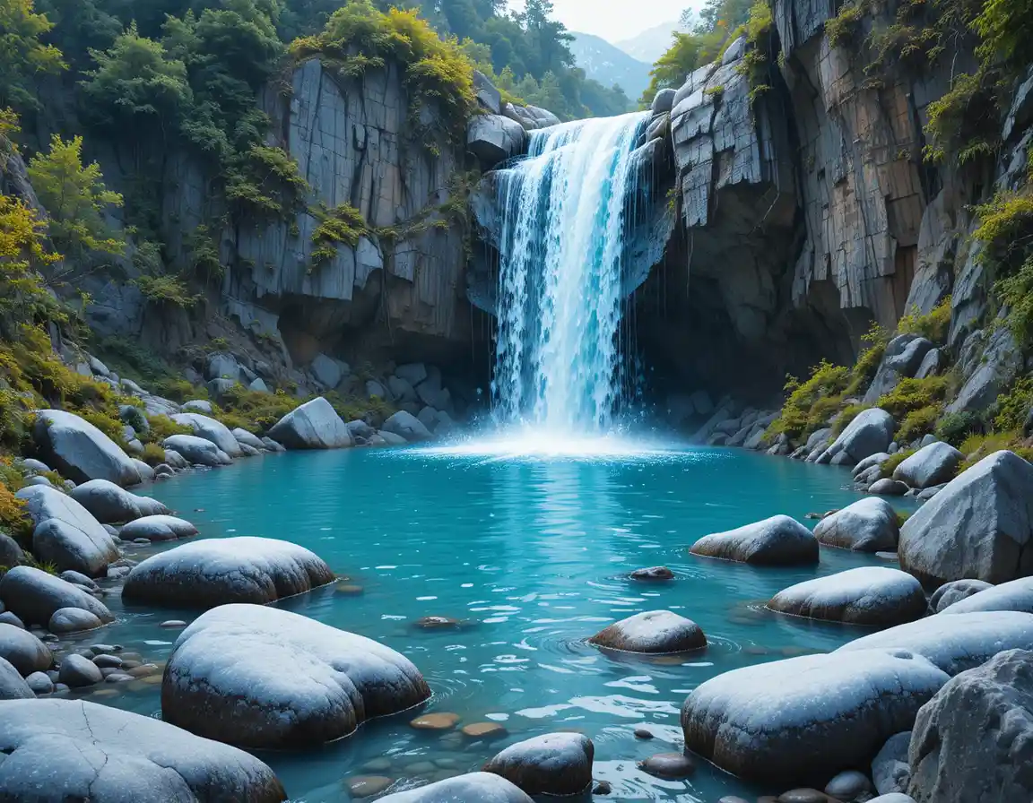 Cascada turquesa en el bosque que cae en una poza rocosa cubierta de musgo