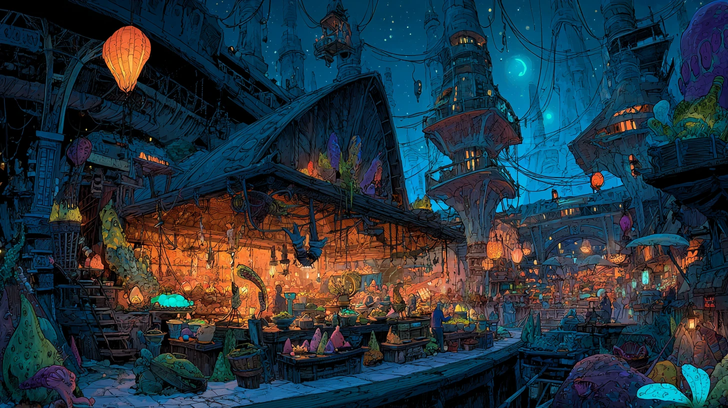 Chaotic alien marketplace under a glowing twin sun sky
