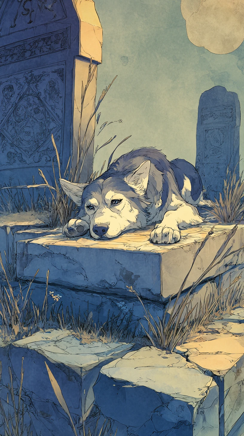 Cane anime triste che riposa su una lapide di notte