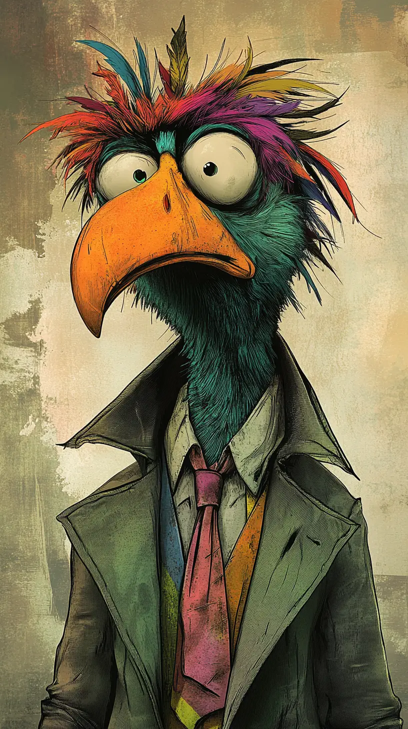 Zynischer Cartoon-Vogel im Trenchcoat mit müden Augen