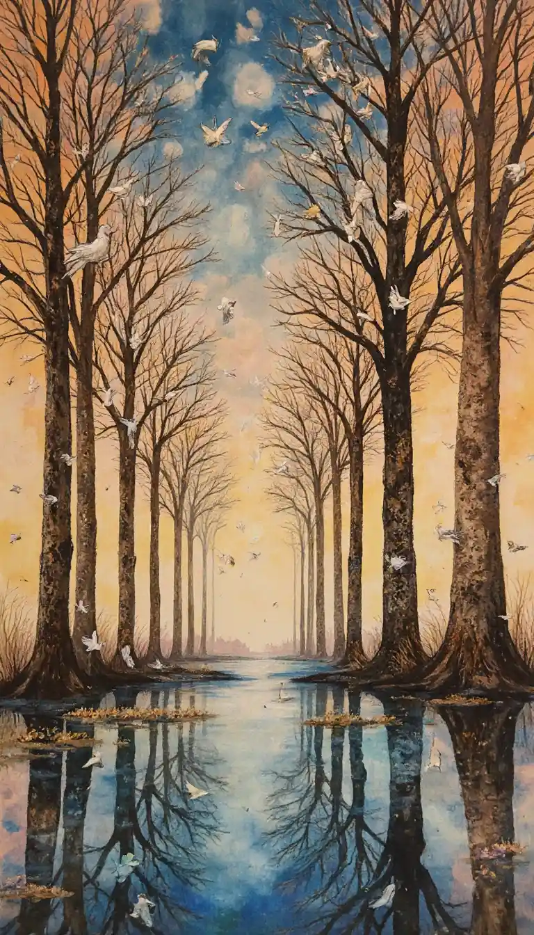 Surreal ink birds and trees forming an abstract illusion