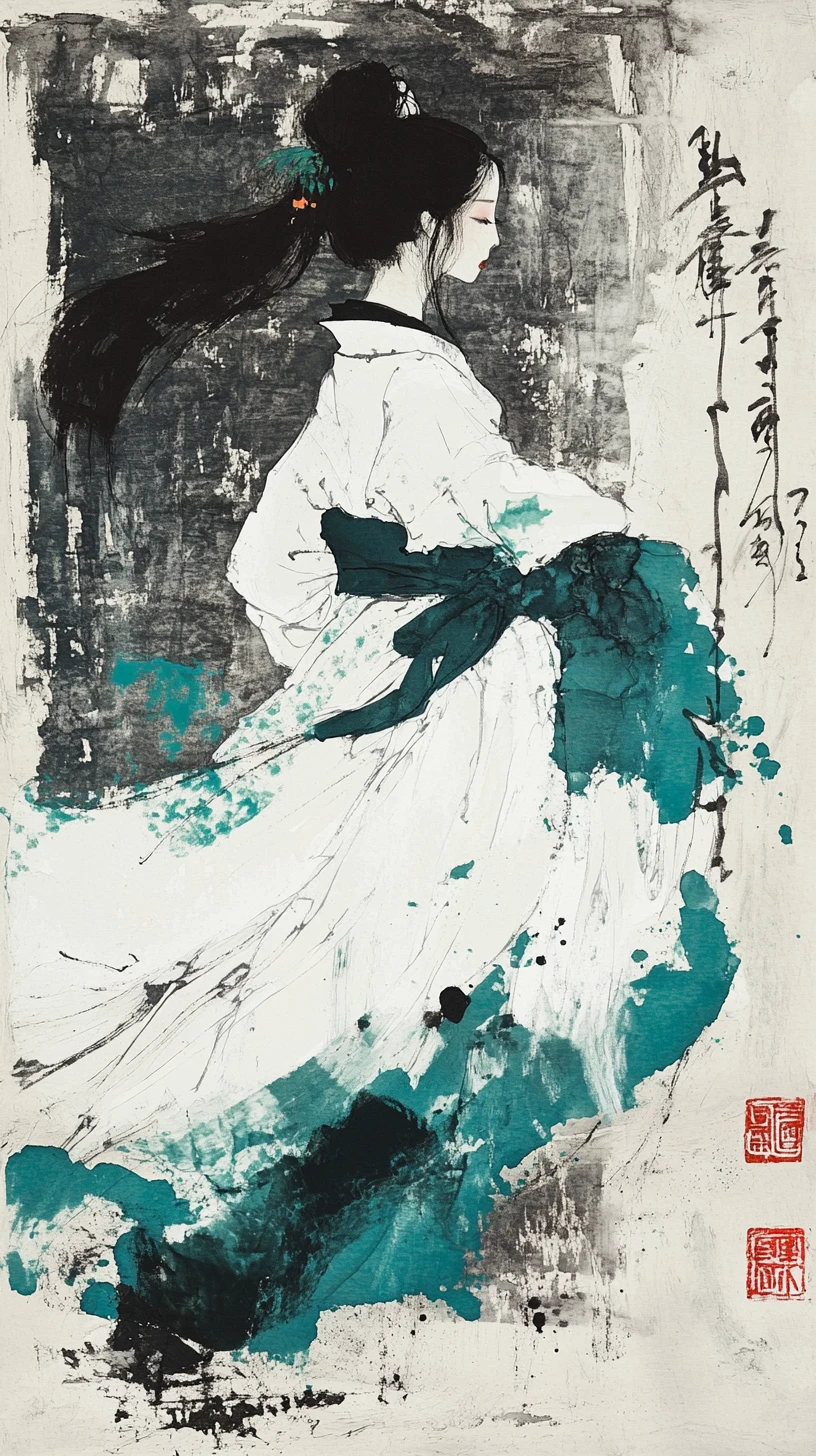 Elegant woman in white hanfu with teal sash in ink wash