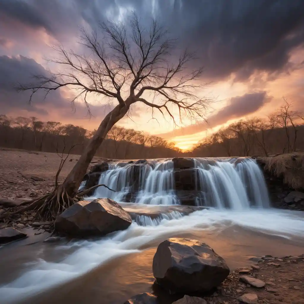 Pequeña cascada de río al atardecer con árbol desnudo inclinado