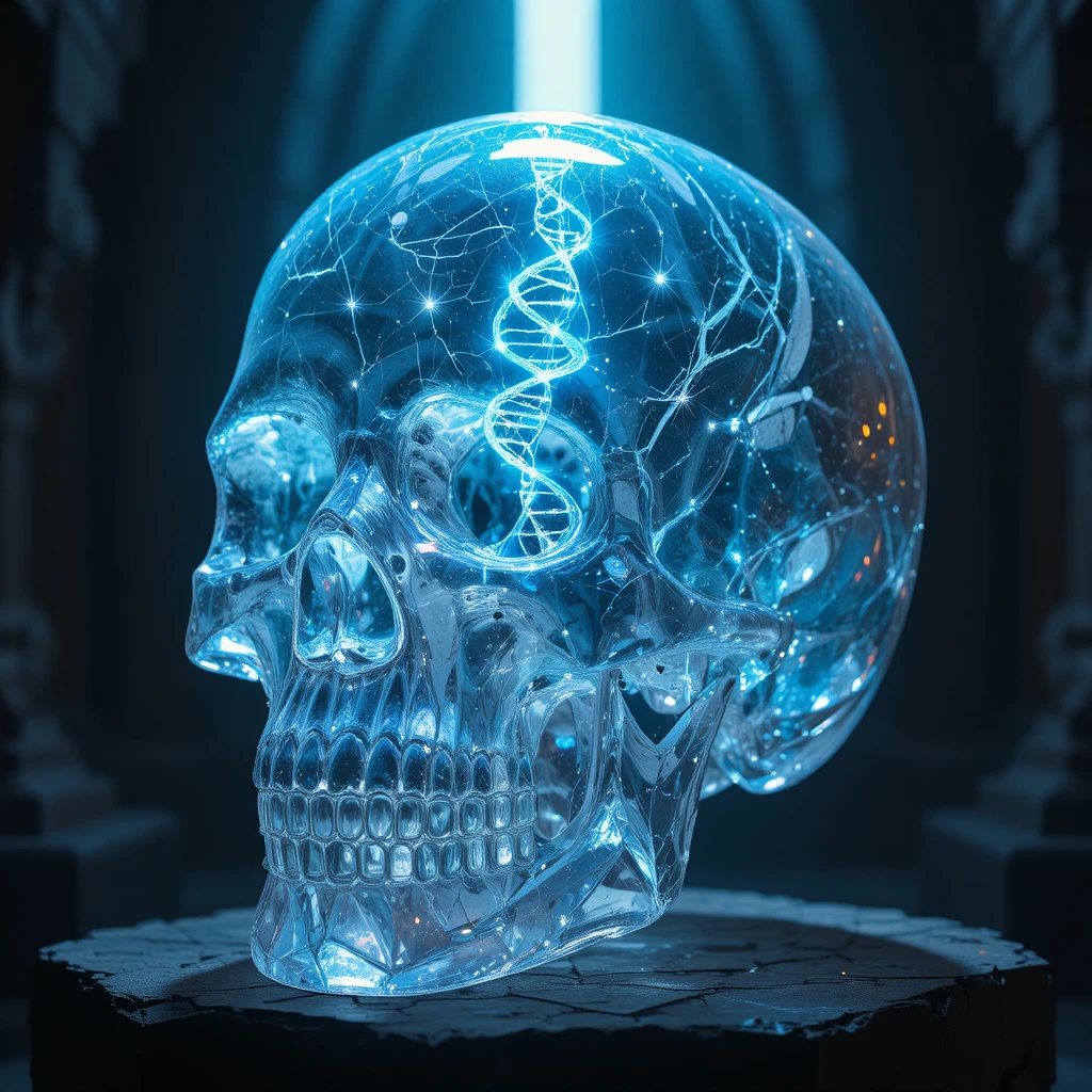 Caveira de cristal de quartzo transparente com hélice de DNA brilhante