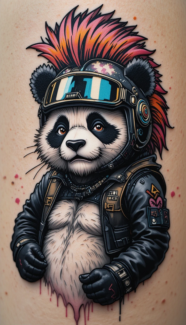 Panda motorista de caricatura con casco de cresta en blanco y negro