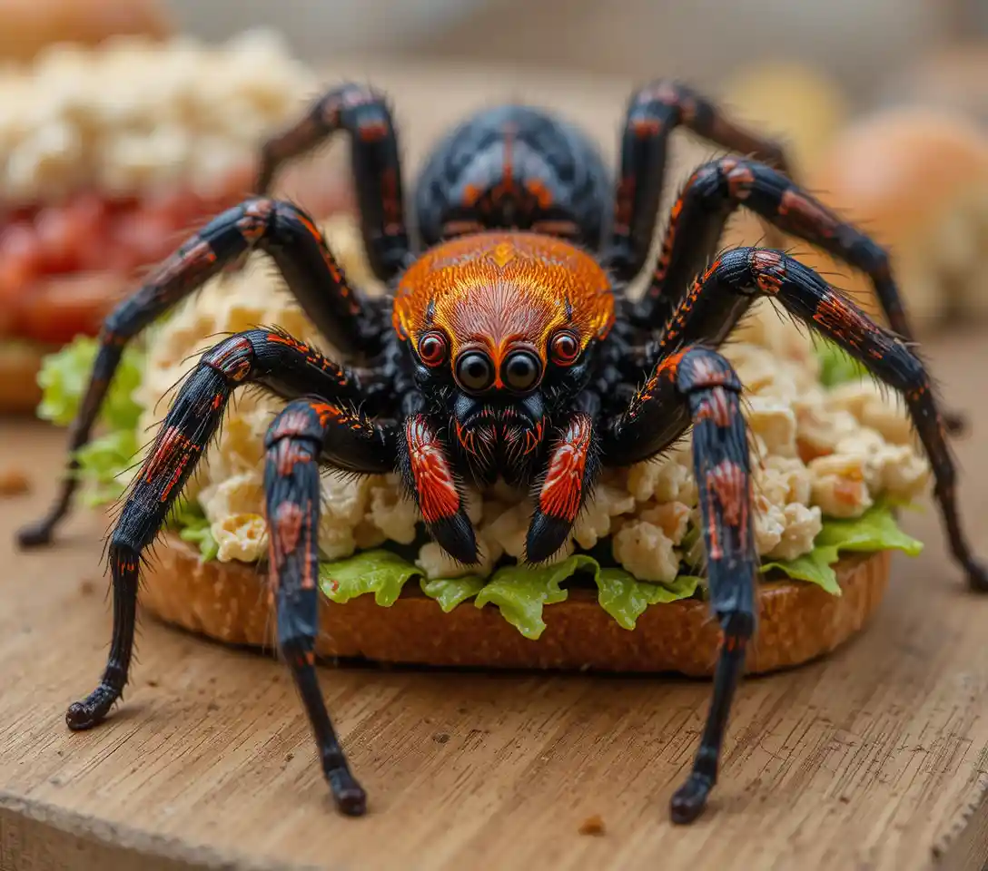 Close up of a hairy spider in a chicken salad sandwich