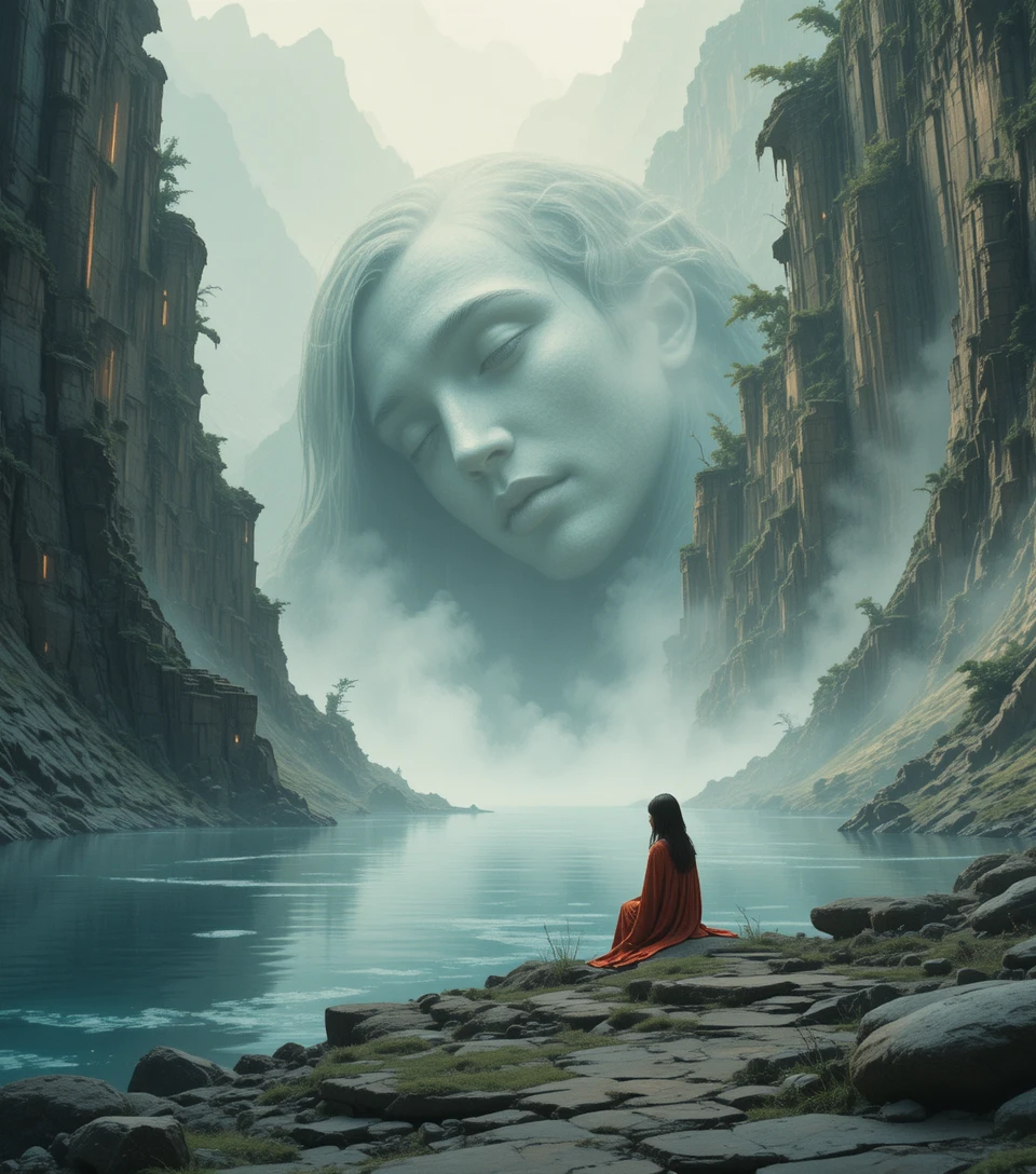Girl in red cloak by luminous sleeping stone guardian