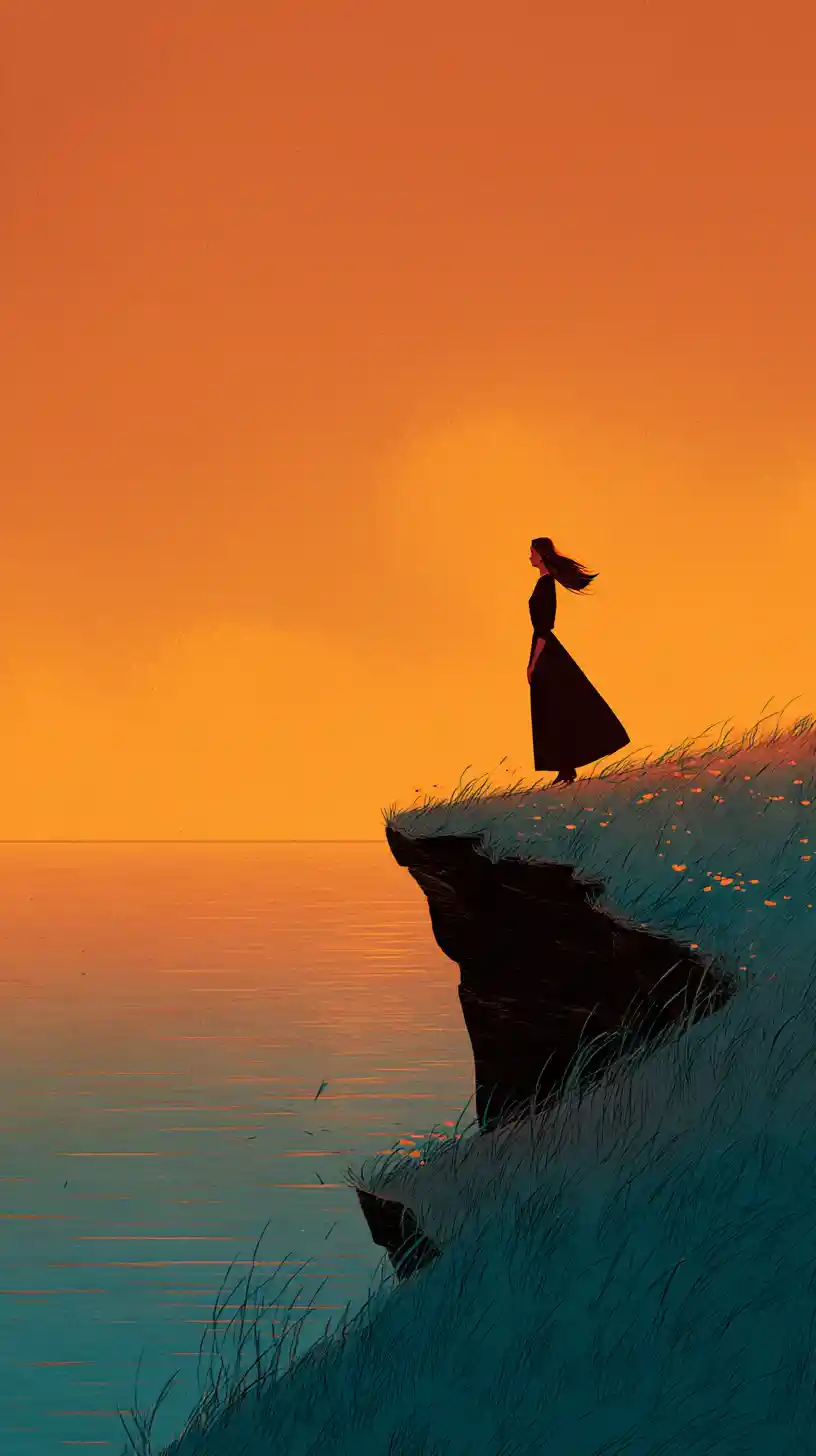 Donna su una scogliera al tramonto che osserva il mare calmo