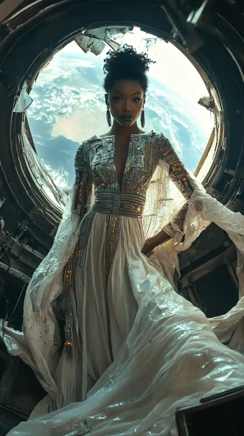 Modelo afrofuturista con alta costura escultural en estación espacial