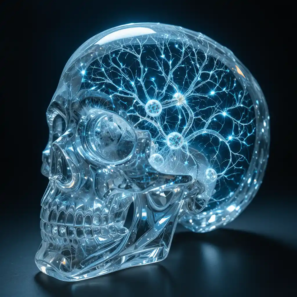 Crystal skull with glowing neural light inside dark space