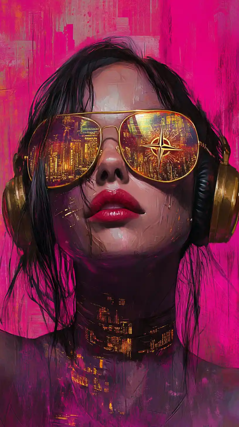 Cyberpunk woman portrait with metallic skin and neon glow