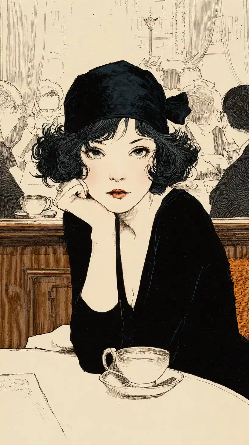 Elegante Frau der 1920er in einem Pariser Café im Vintage-Monochrom