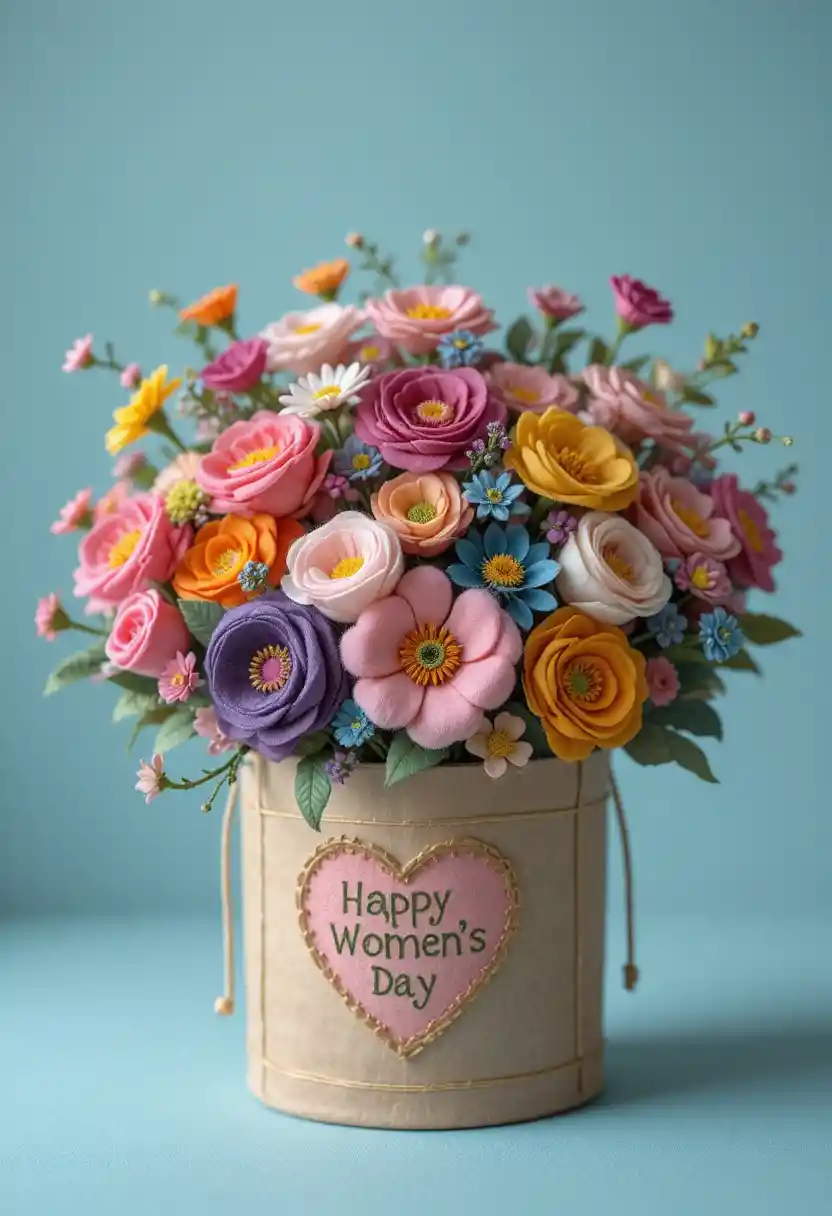 Felt flower bouquet in gift bag for womens day