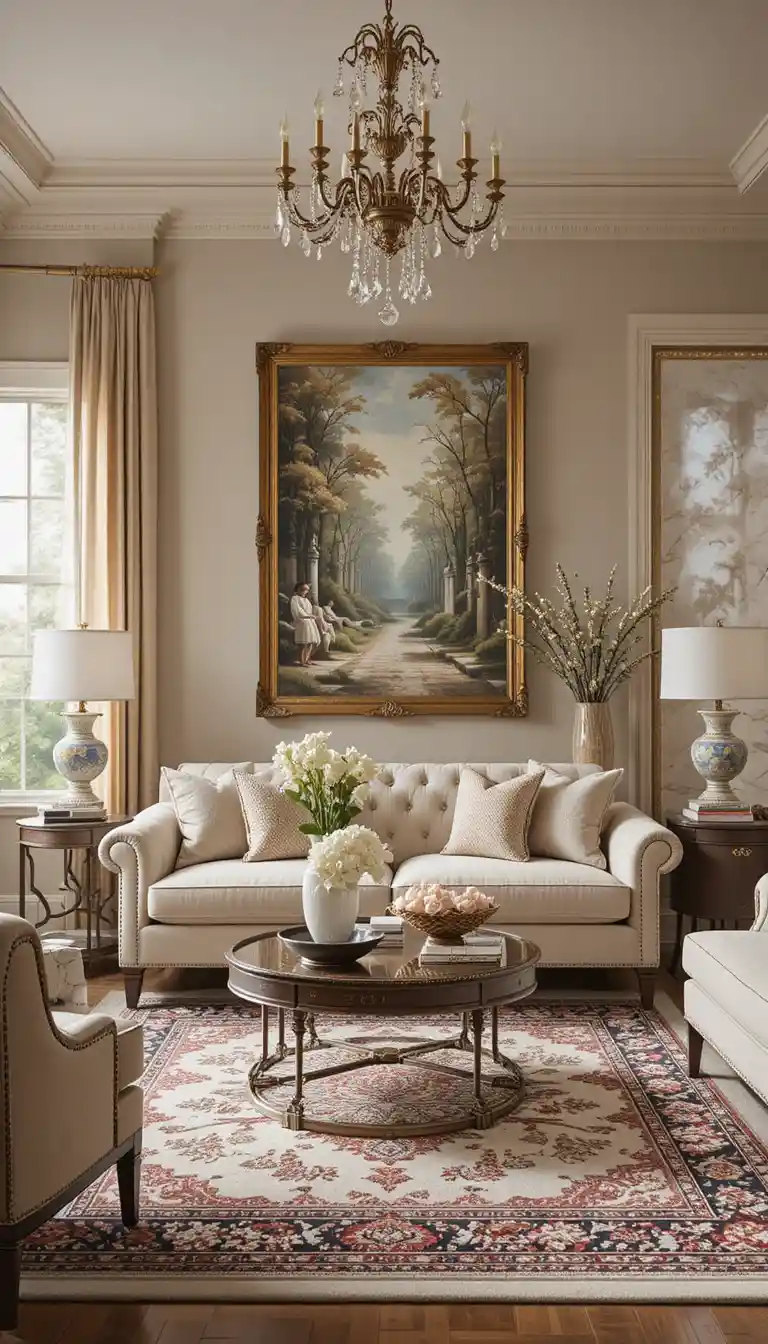 Elegant bohemian living room with creamy beige decor accents