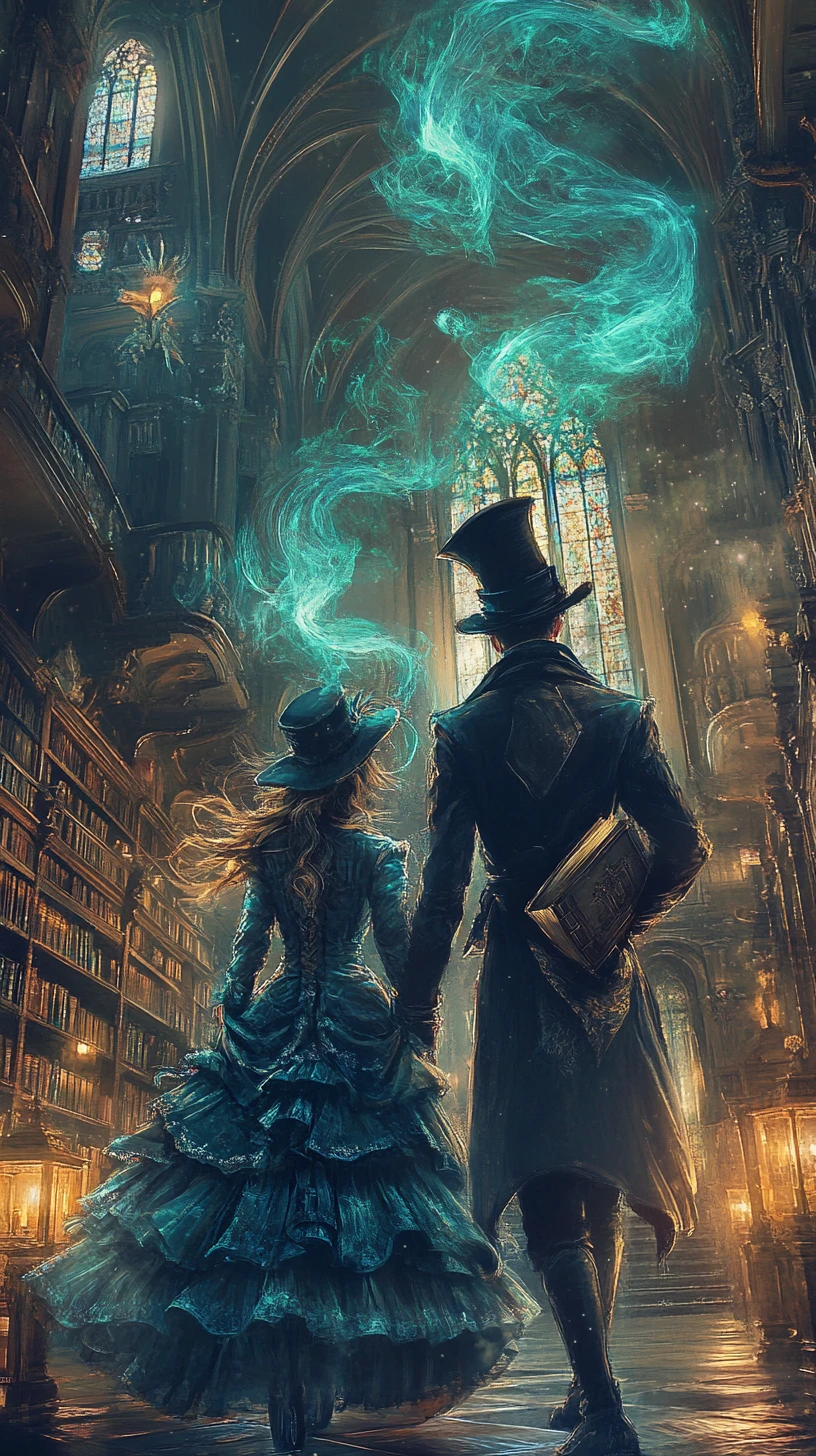 Dúo fantasioso en una biblioteca gótica de fantasía oscura