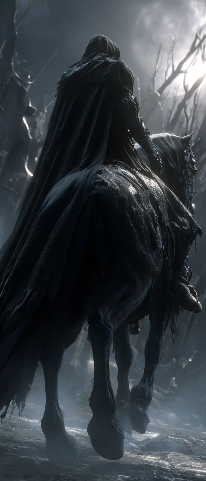 Dark hooded rider on a black stallion in moonlit ruins