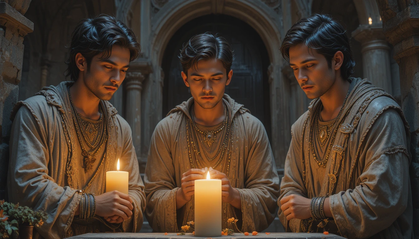 Three young men kneeling at an old grave with candles