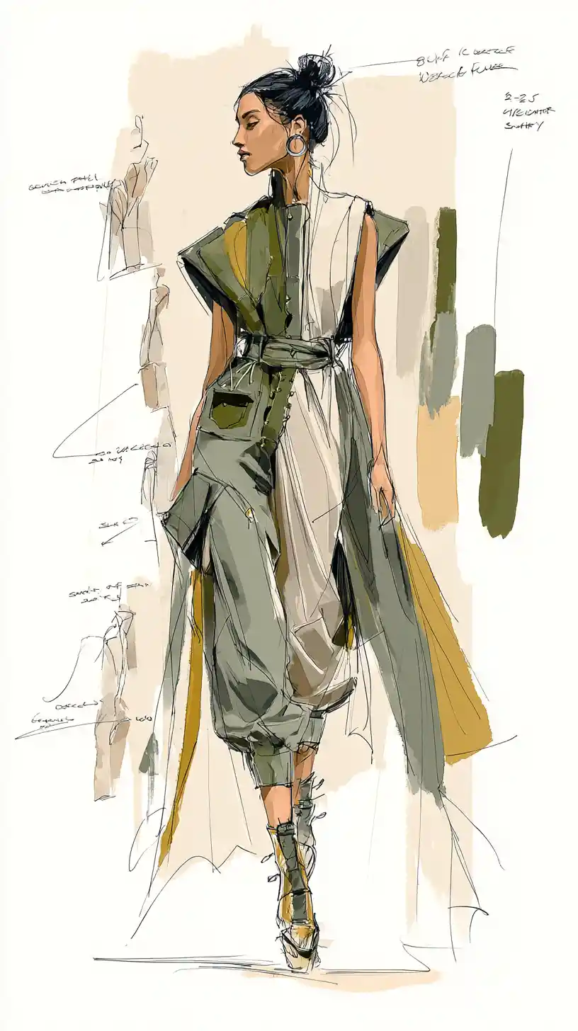 Wüstenkaktus-Couture auf einer dramatischen Fashion-Runway-Skizze