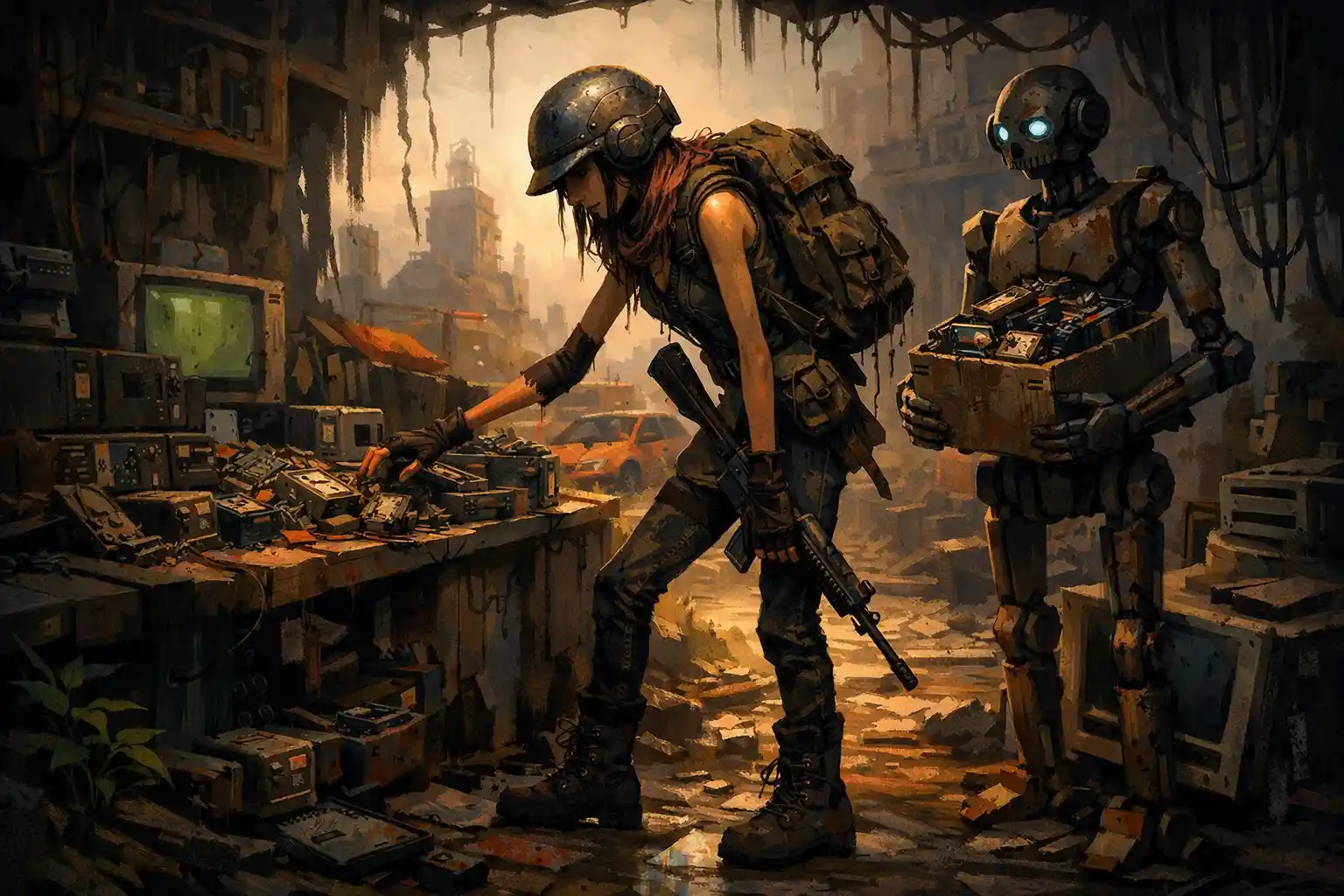 Woman scavenger and droid in a post apocalyptic wasteland
