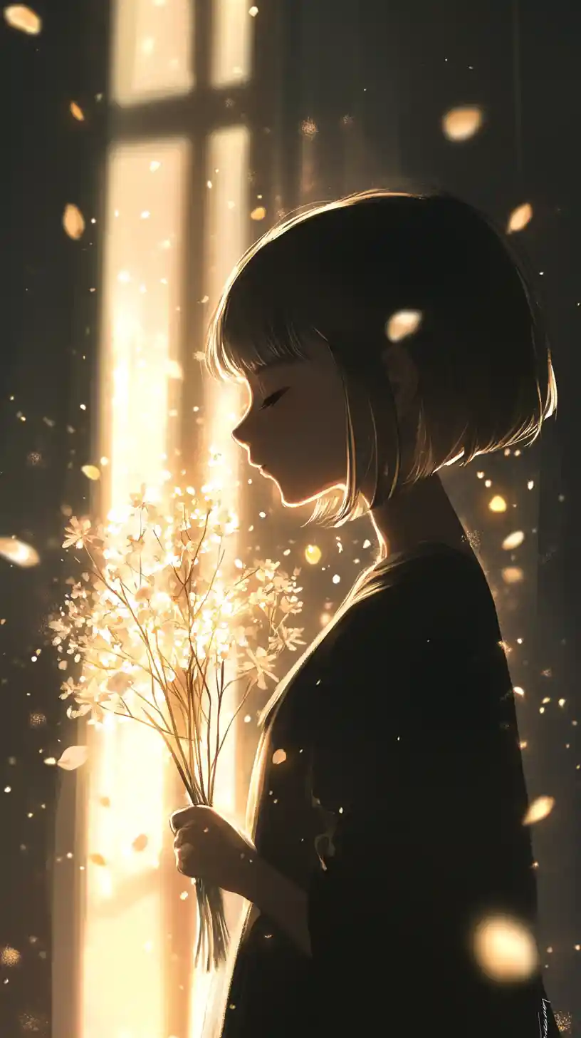 Silhouetted girl holding glowing flowers in dramatic light