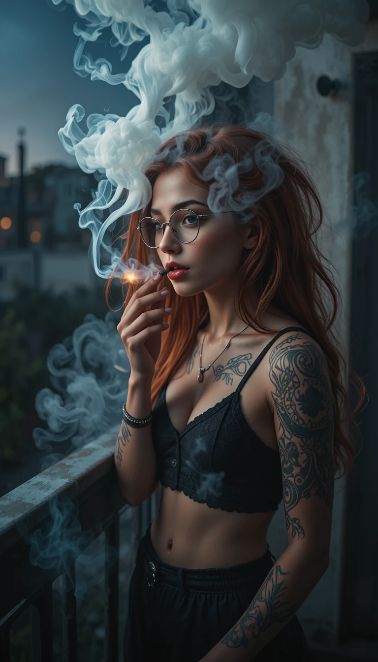 Jeune fille avec des lunettes fumant sur un balcon en ville