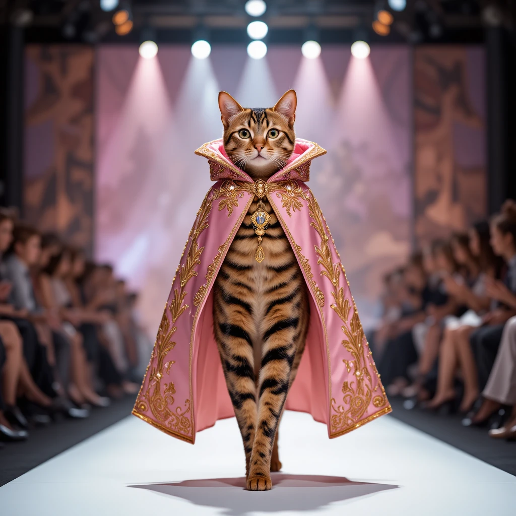 Gato bengalí con capa rosa desfilando en la pasarela