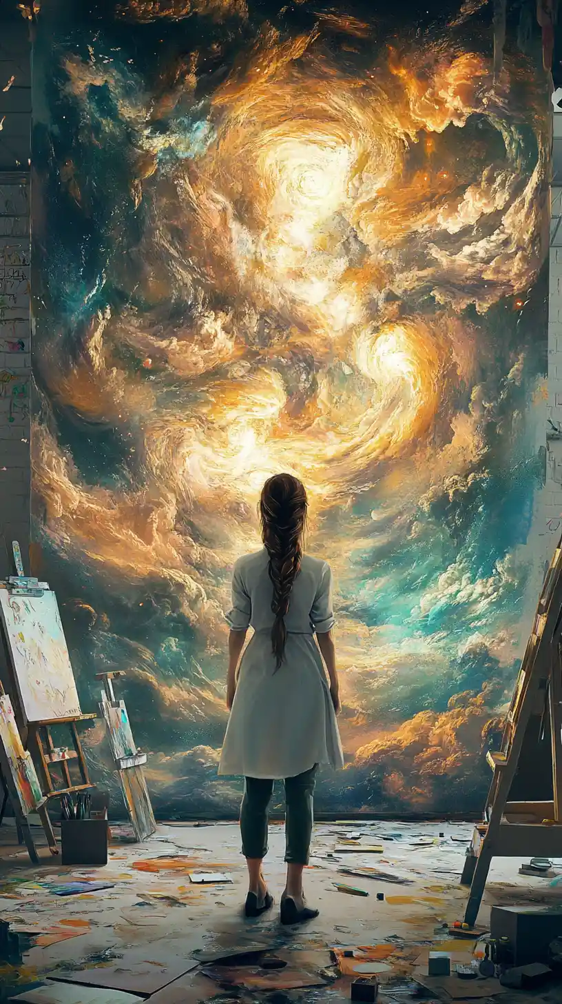 Pittrice di fronte a una tela cosmica luminosa in studio