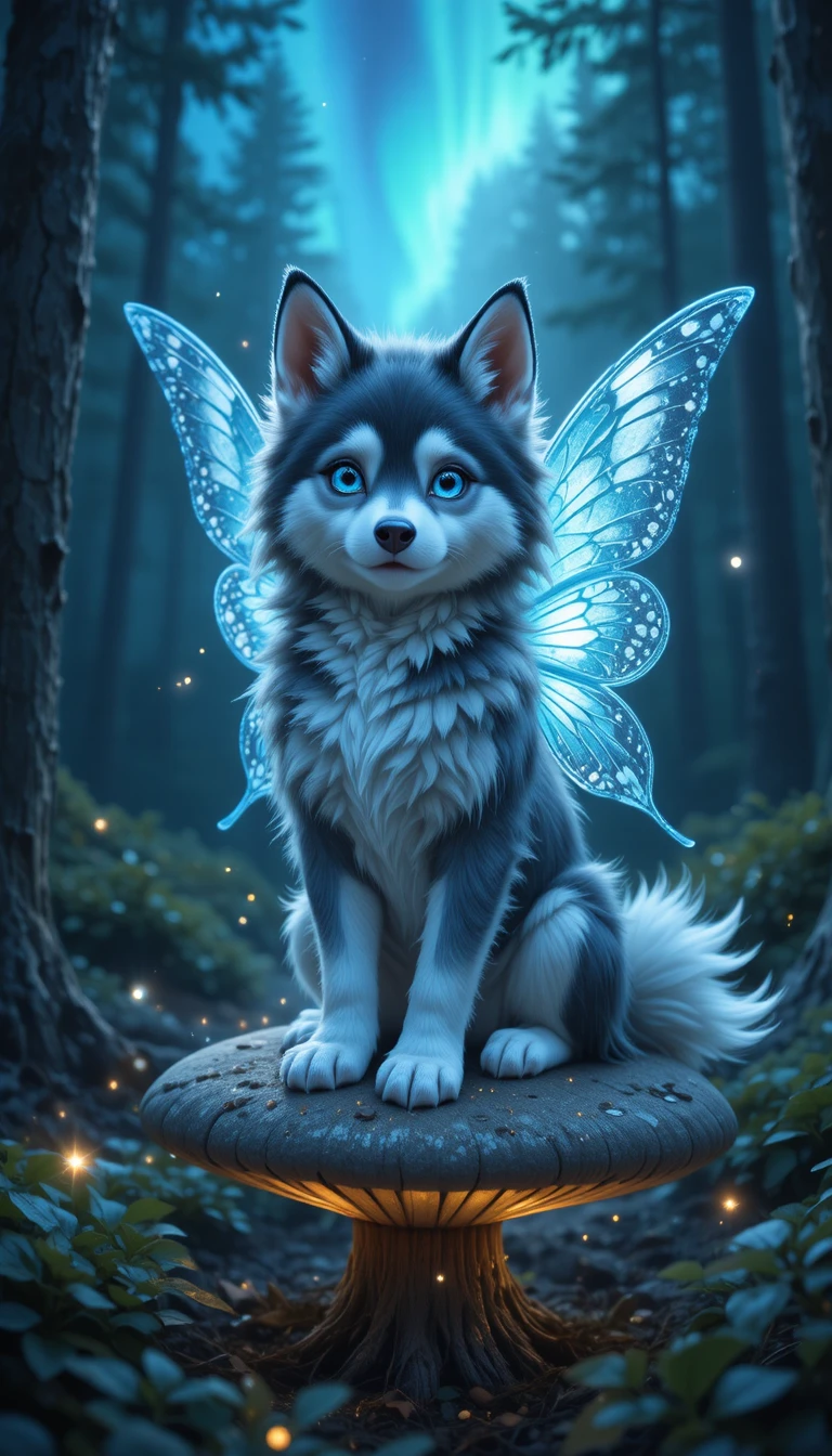 Fata Husky Magica che Riposa su un Fungo Luminoso nella Foresta