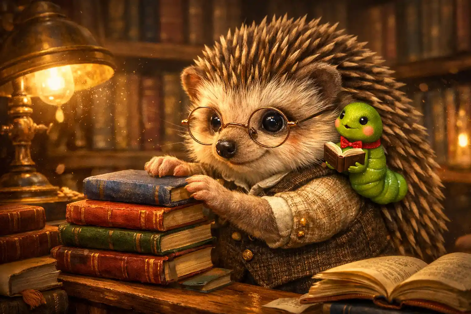 Studious hedgehog organizing books in a cozy library corner