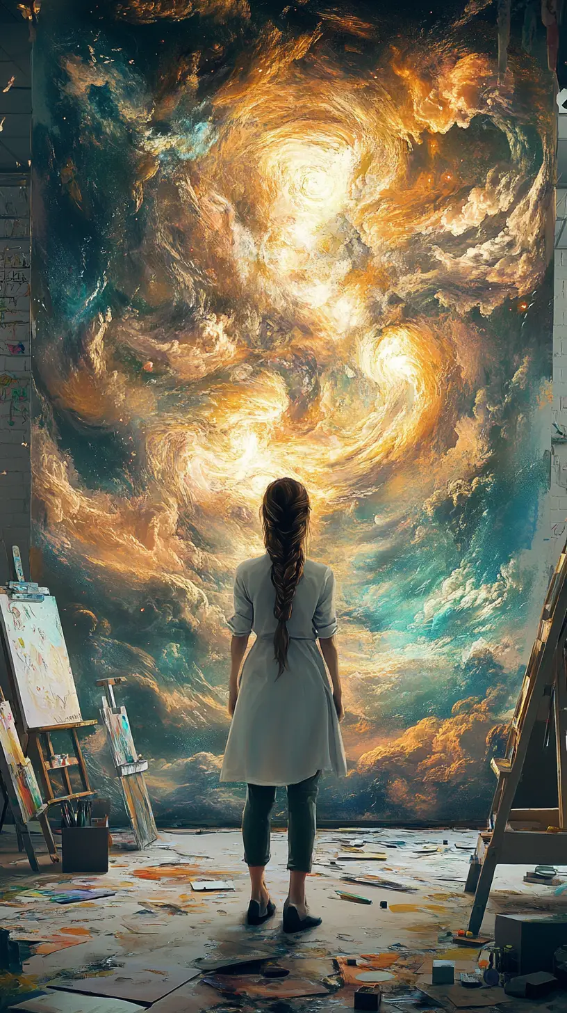 Woman painter facing a glowing cosmic canvas in studio