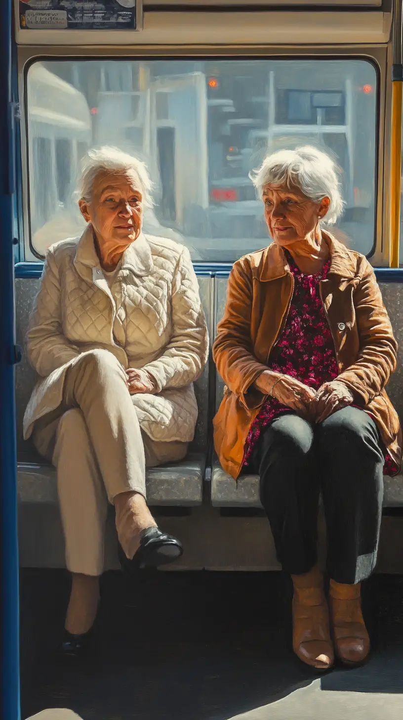 Elderly women talking on a metro bench in oil painting