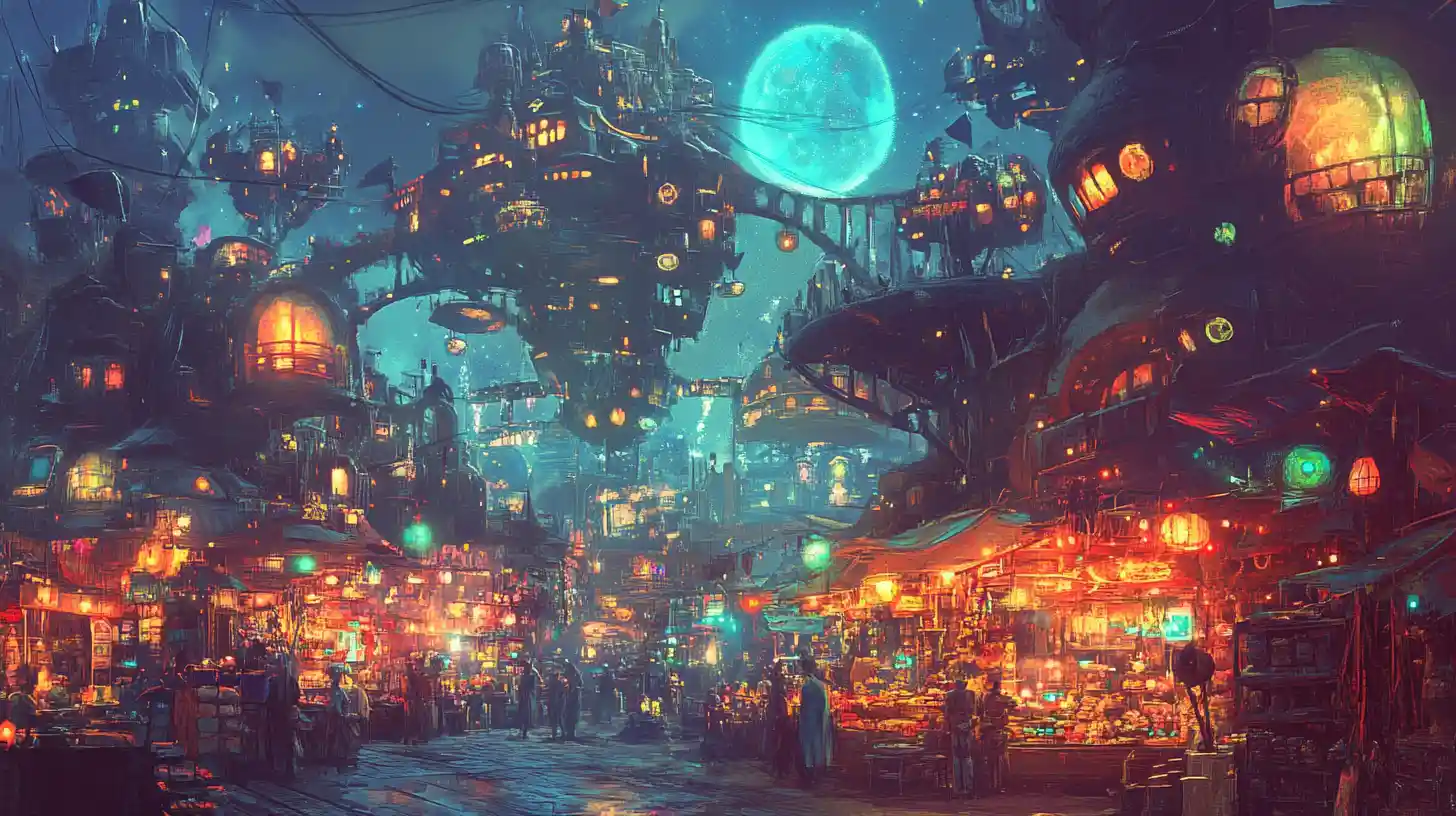 Chaotic alien marketplace under a glowing twin sun sky