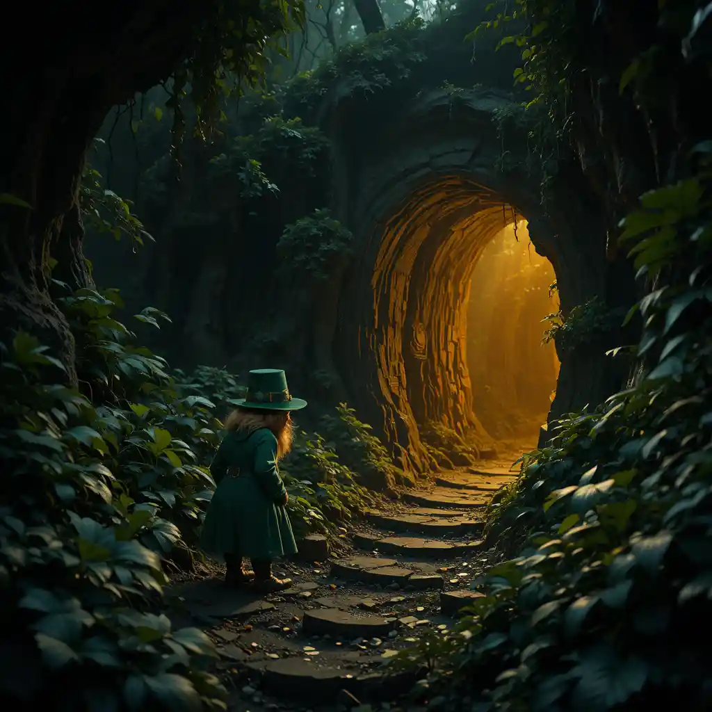 Frightened leprechaun by glowing cave in dense jungle