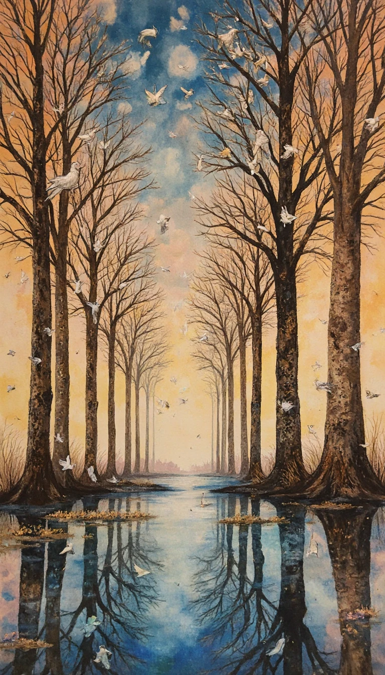 Surreal ink birds and trees forming an abstract illusion