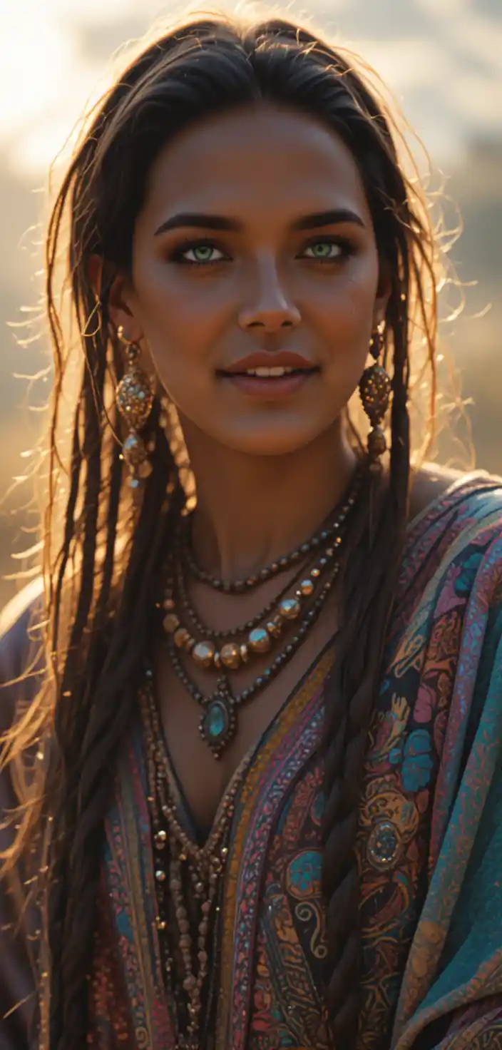 Mystical woman with vivid green eyes in warm golden light