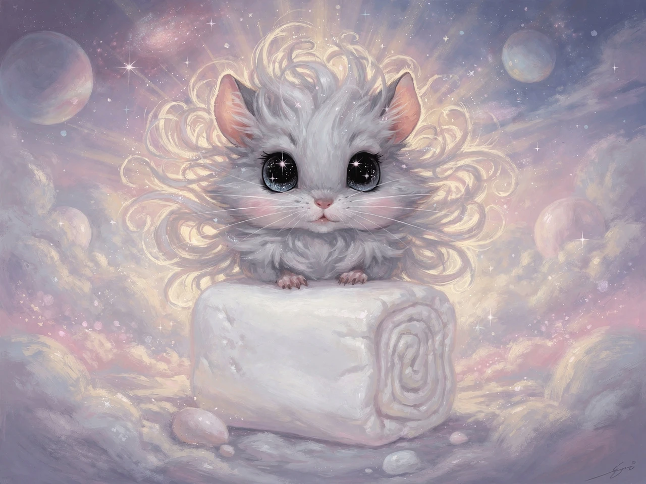 Filhote de chinchila fofinho sentado em um marshmallow gigante