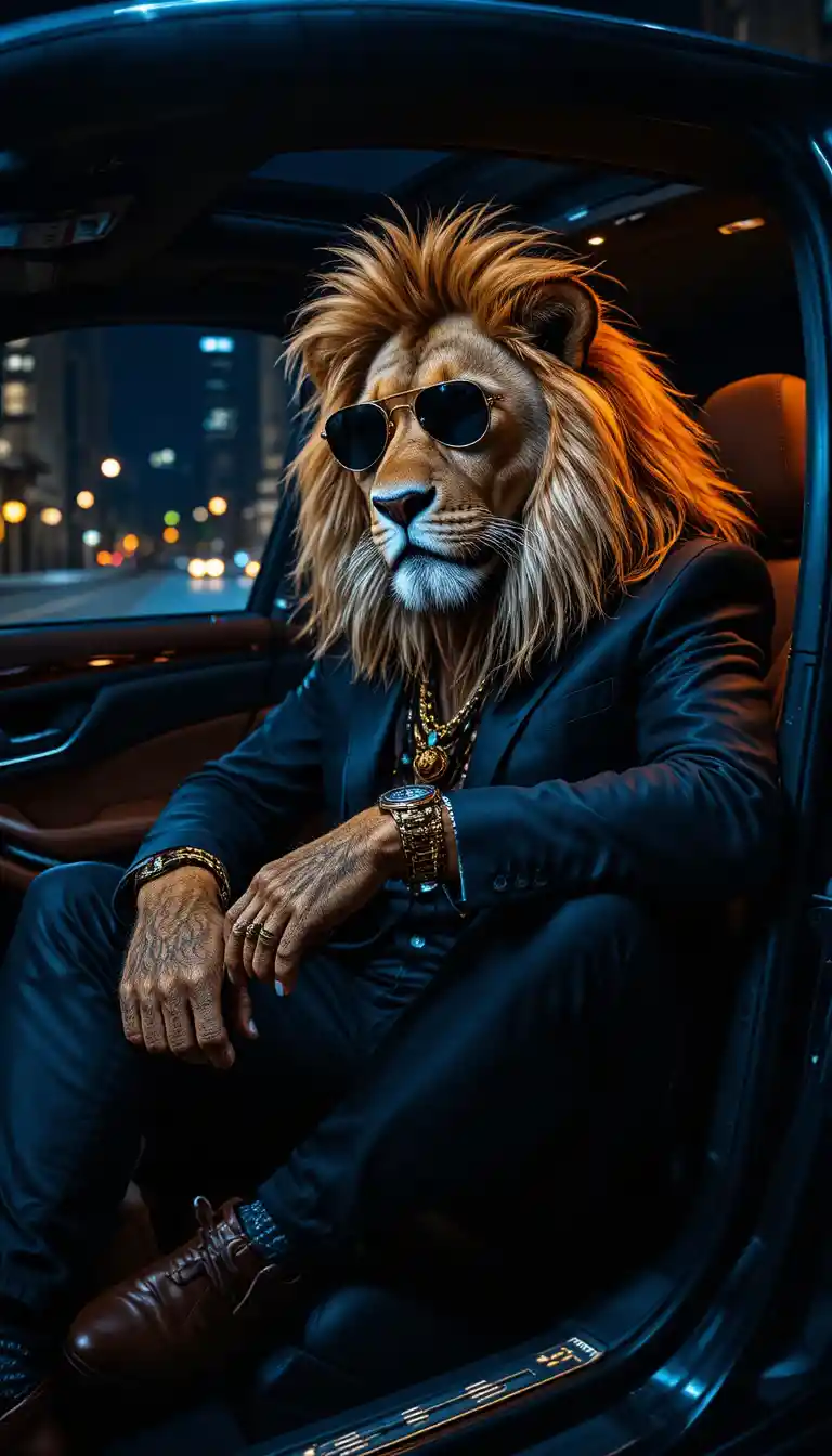 Confident lion billionaire in a luxury car interior at night