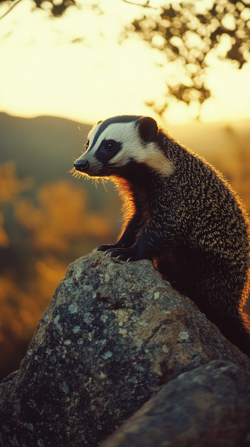 Honey badger on rocky outcrop overlooking glowing savannah sunset