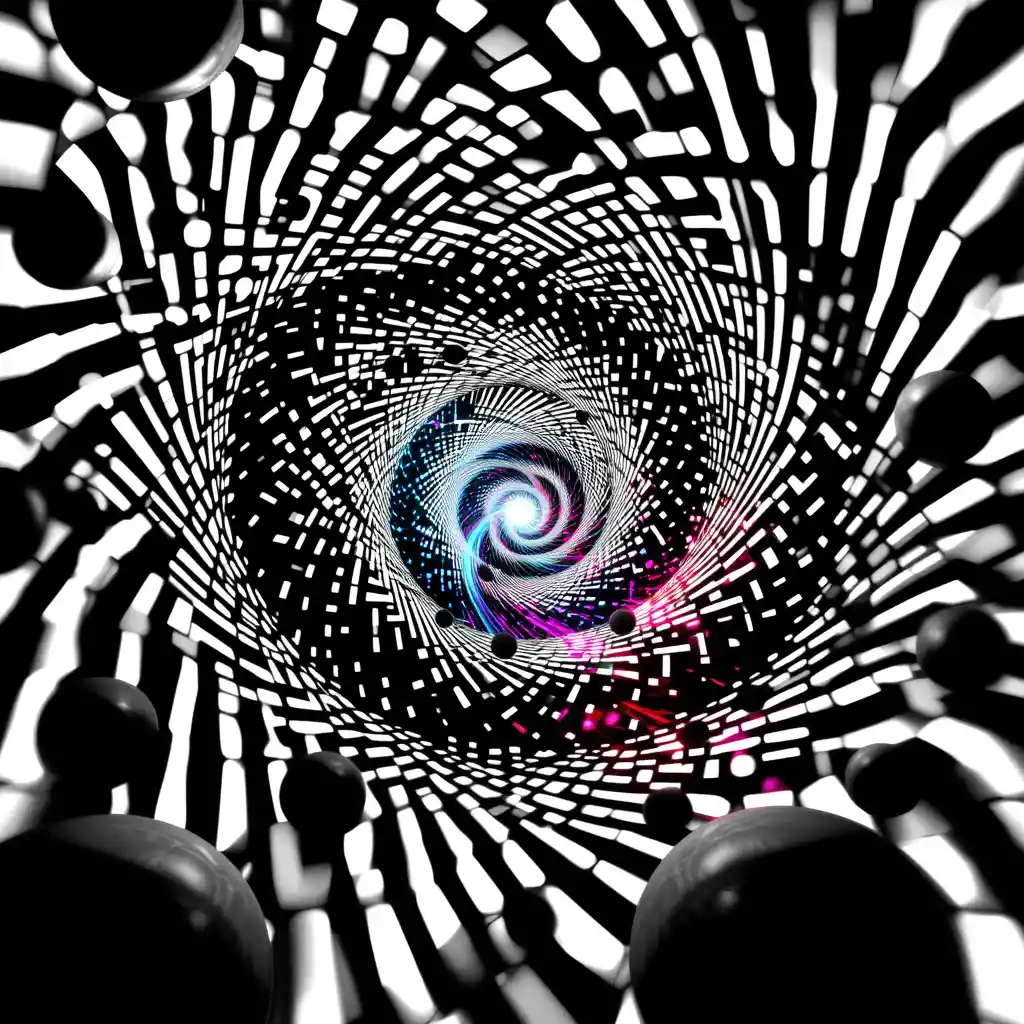 Psychedelic spiral swirling through monochrome abstract space